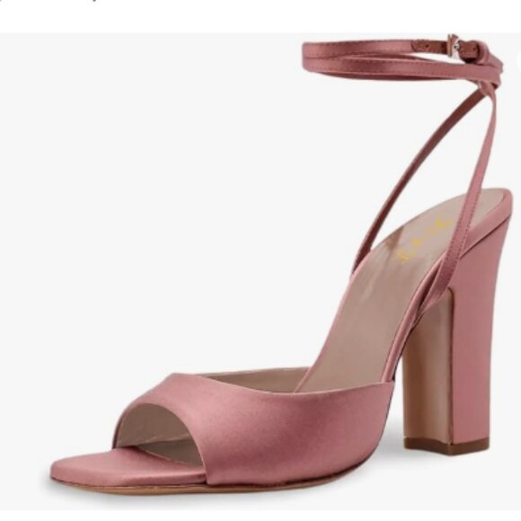 FOWT Pink Open Square Toe Satin Sandals Ankle Strap Chunky High Heels Shoes - Picture 1 of 8